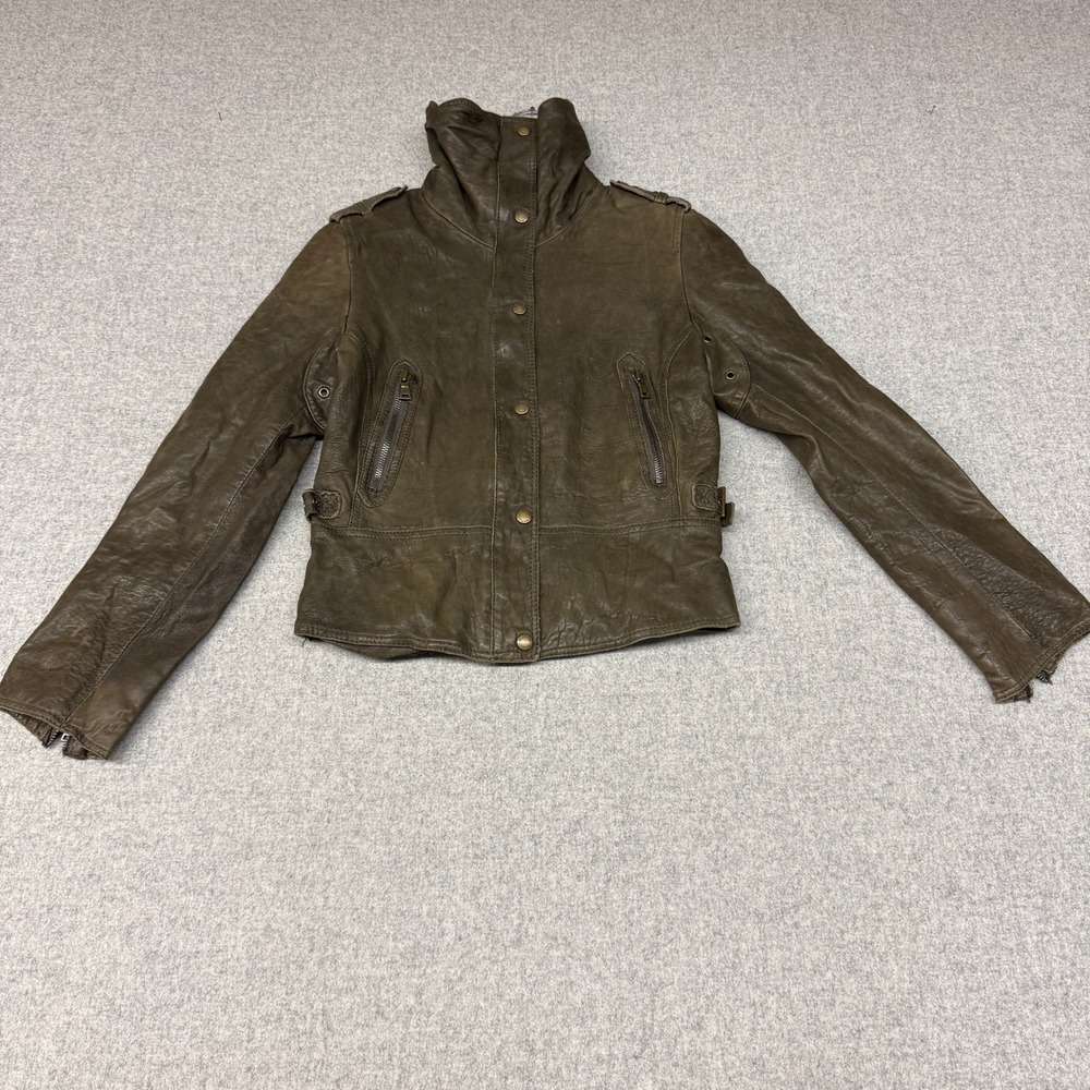 Andrew Marc Leather Jacket Small Olive Brown Moto Funnel Neck Zip Cuff Epaulette
